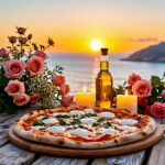 Pizza auf einem Holztisch im Sonnenuntergang